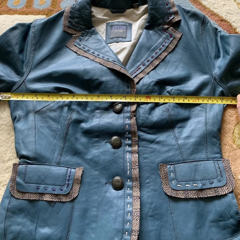 Blue Leather Jacket With Brown Thread Lining Small - Picture 8 of 11